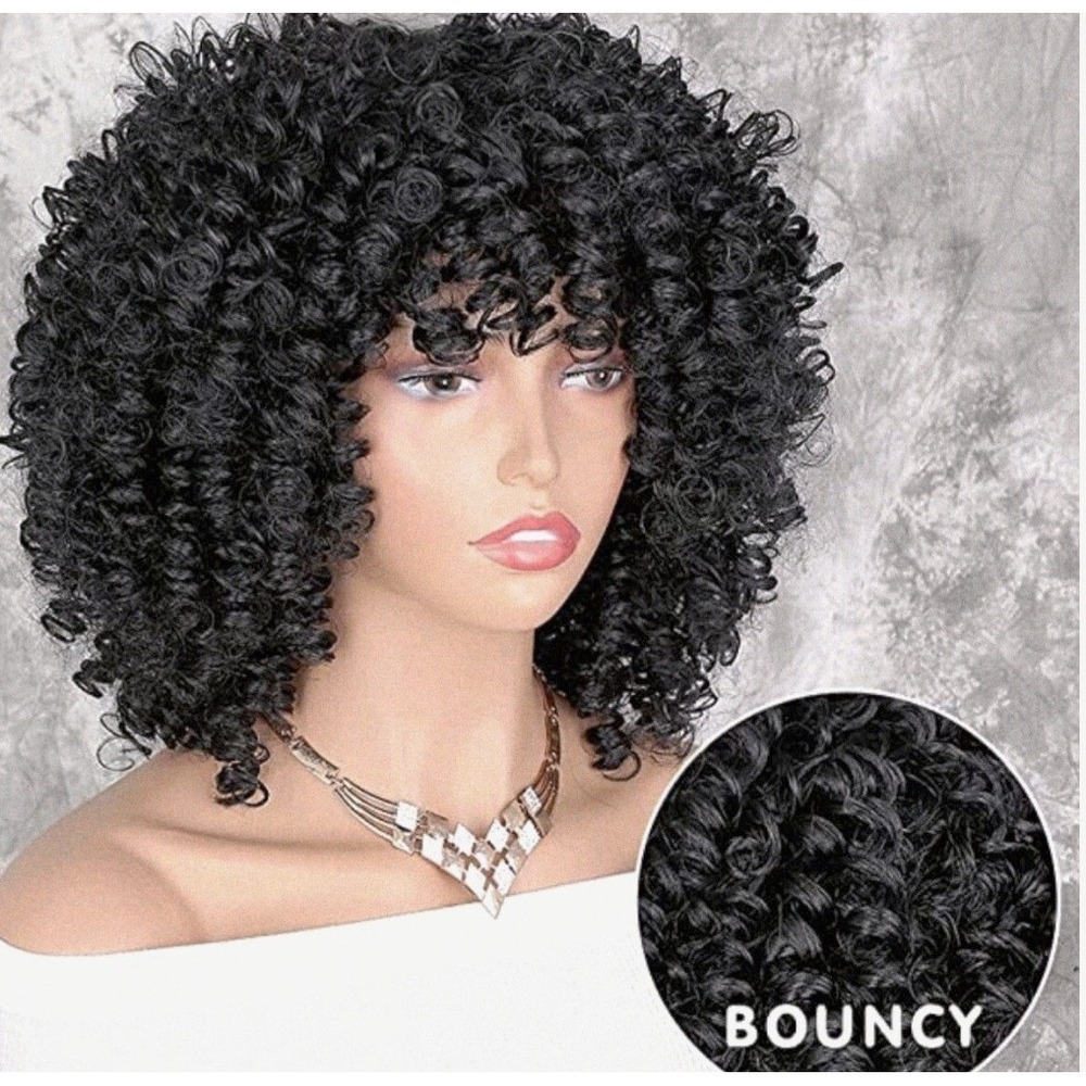 AISI HAIR Curly Afro Wig with Bangs Shoulder Length Wig Curly Black Synthetic